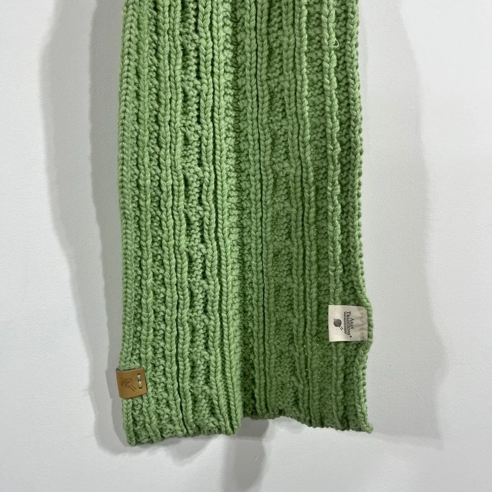 Aran Traditions Preppy Green Cable Knit Scarf Button Winter Wrap Fisherman